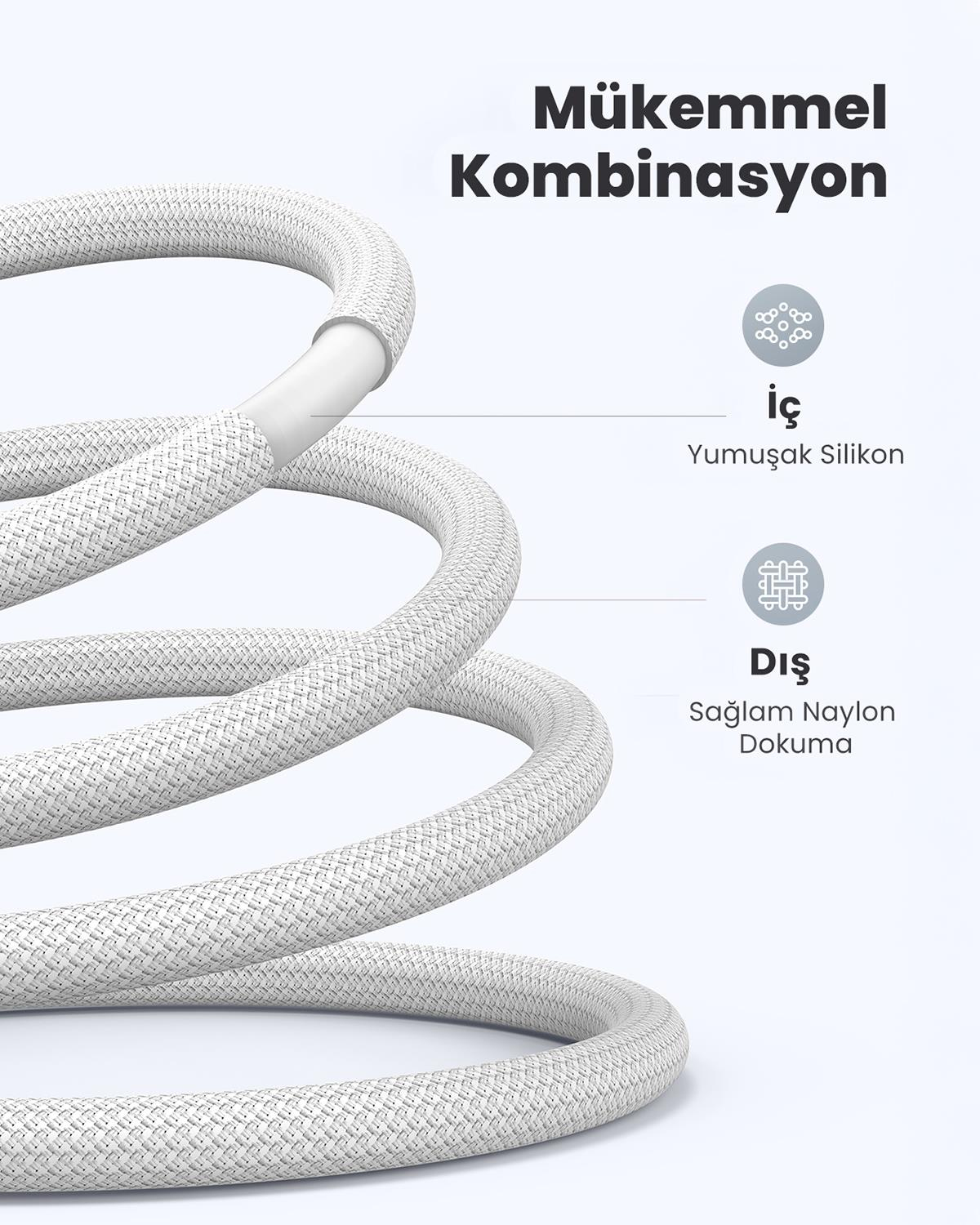 UGREEN USB-C 100W 3A QC PD Şarj Kablosu, Beyaz