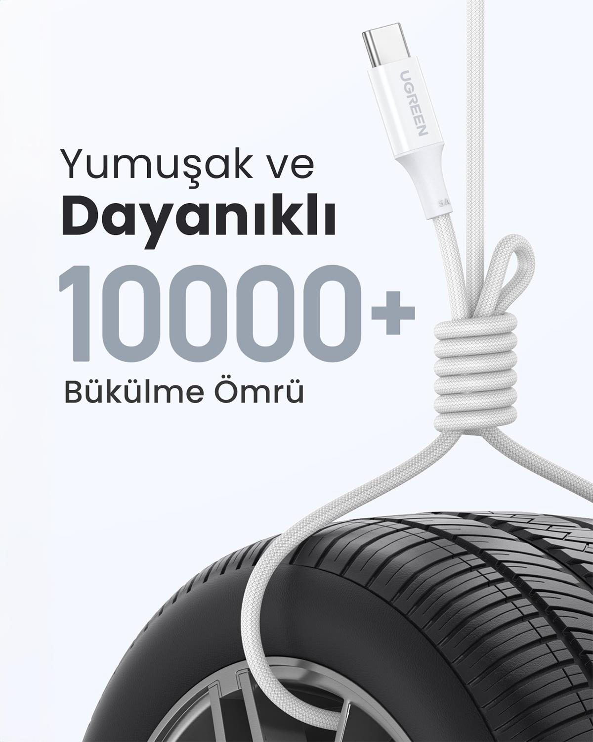 UGREEN USB-C 100W 3A QC PD Şarj Kablosu, Beyaz