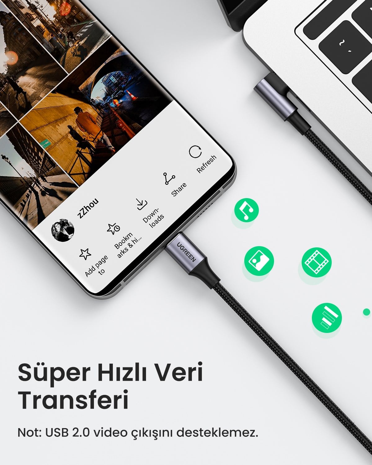 UGREEN USB-C 100W 5A QC PD 90 Derece Örgülü Hızlı Şarj Kablosu, 1 Metre, Siyah, 70643