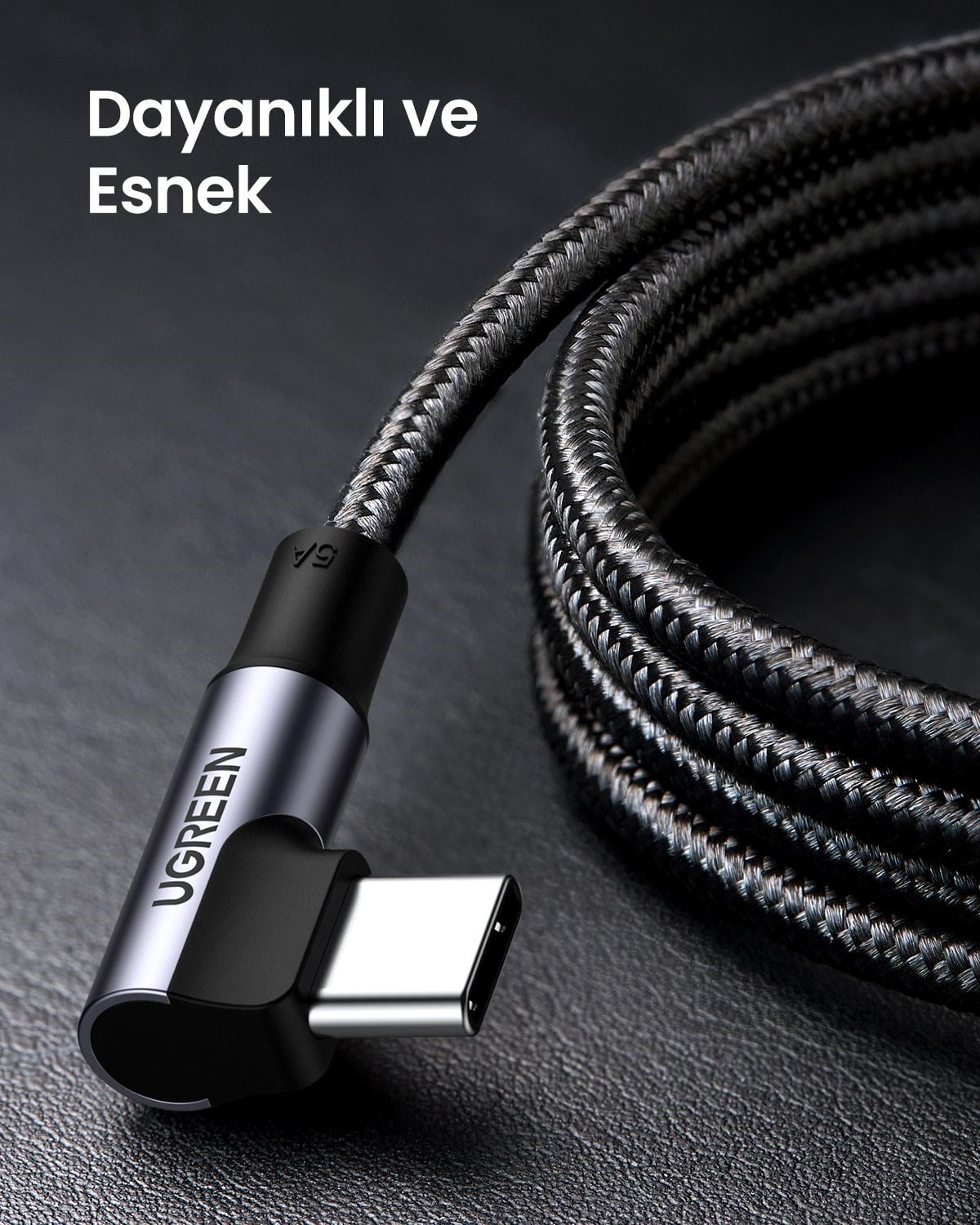 UGREEN USB-C 100W 5A QC PD 90 Derece Örgülü Hızlı Şarj Kablosu, 2 Metre, Siyah, 70645
