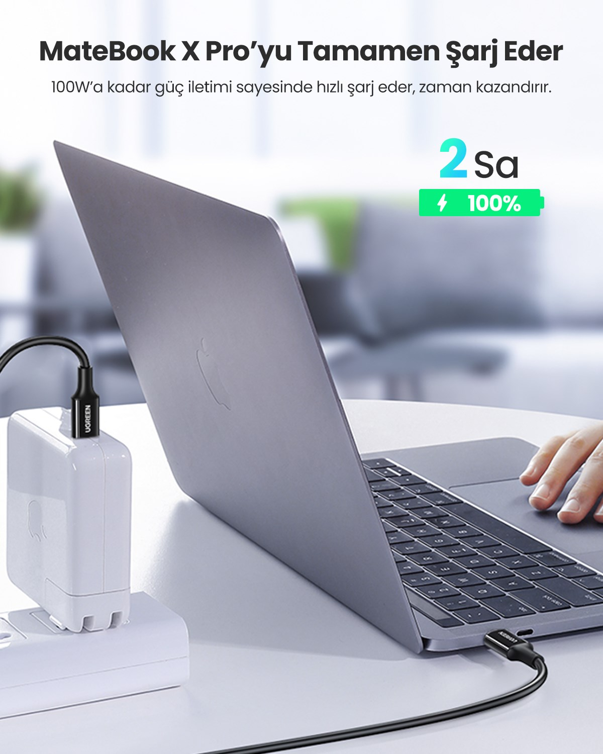 UGREEN USB-C 100W 5A QC PD Hızlı Şarj Kablosu, 2 Metre, Siyah, 80372