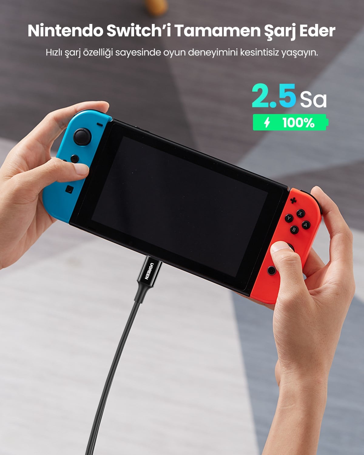 UGREEN USB-C 100W 5A QC PD Hızlı Şarj Kablosu, 2 Metre, Siyah, 80372