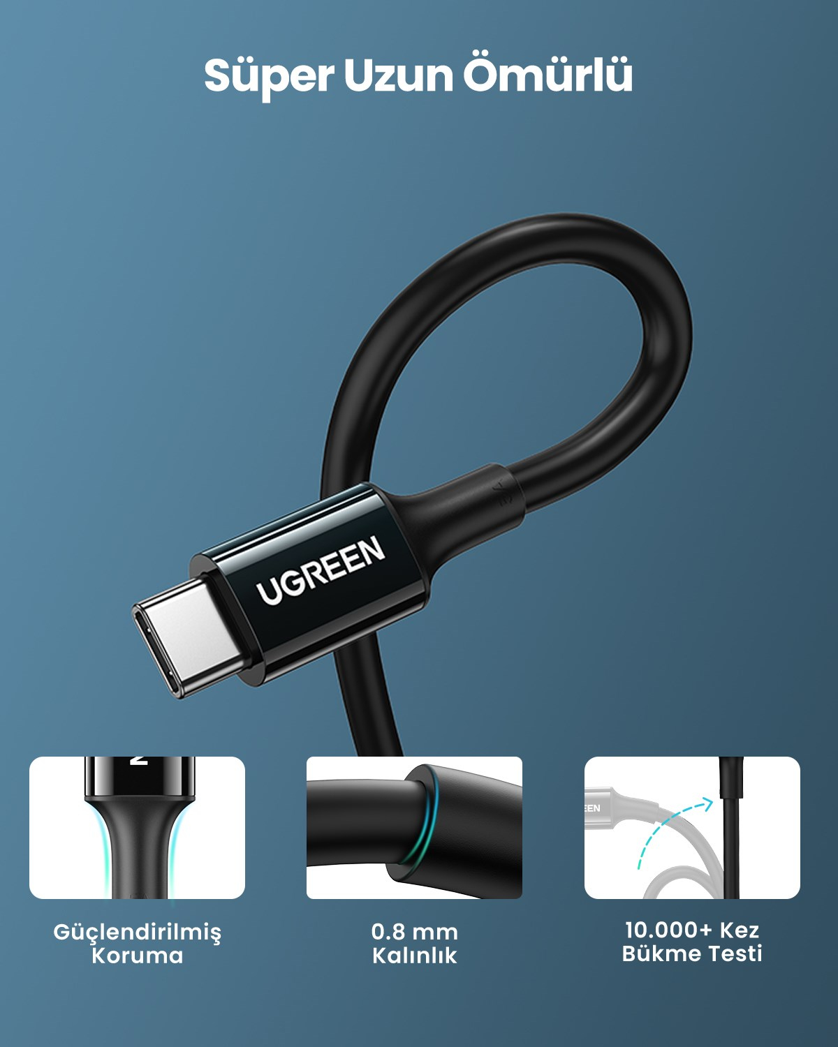 UGREEN USB-C 100W 5A QC PD Hızlı Şarj Kablosu, 2 Metre, Siyah, 80372
