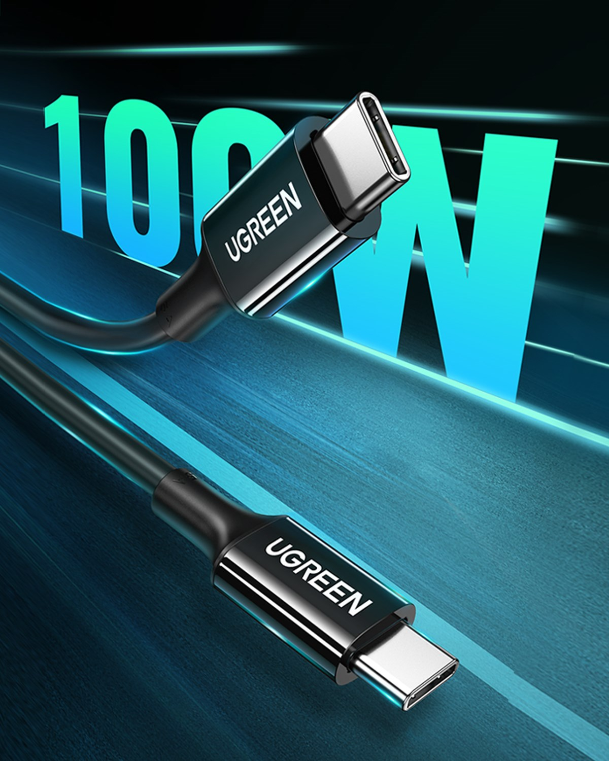 UGREEN USB-C 100W 5A QC PD Hızlı Şarj Kablosu, 2 Metre, Siyah, 80372