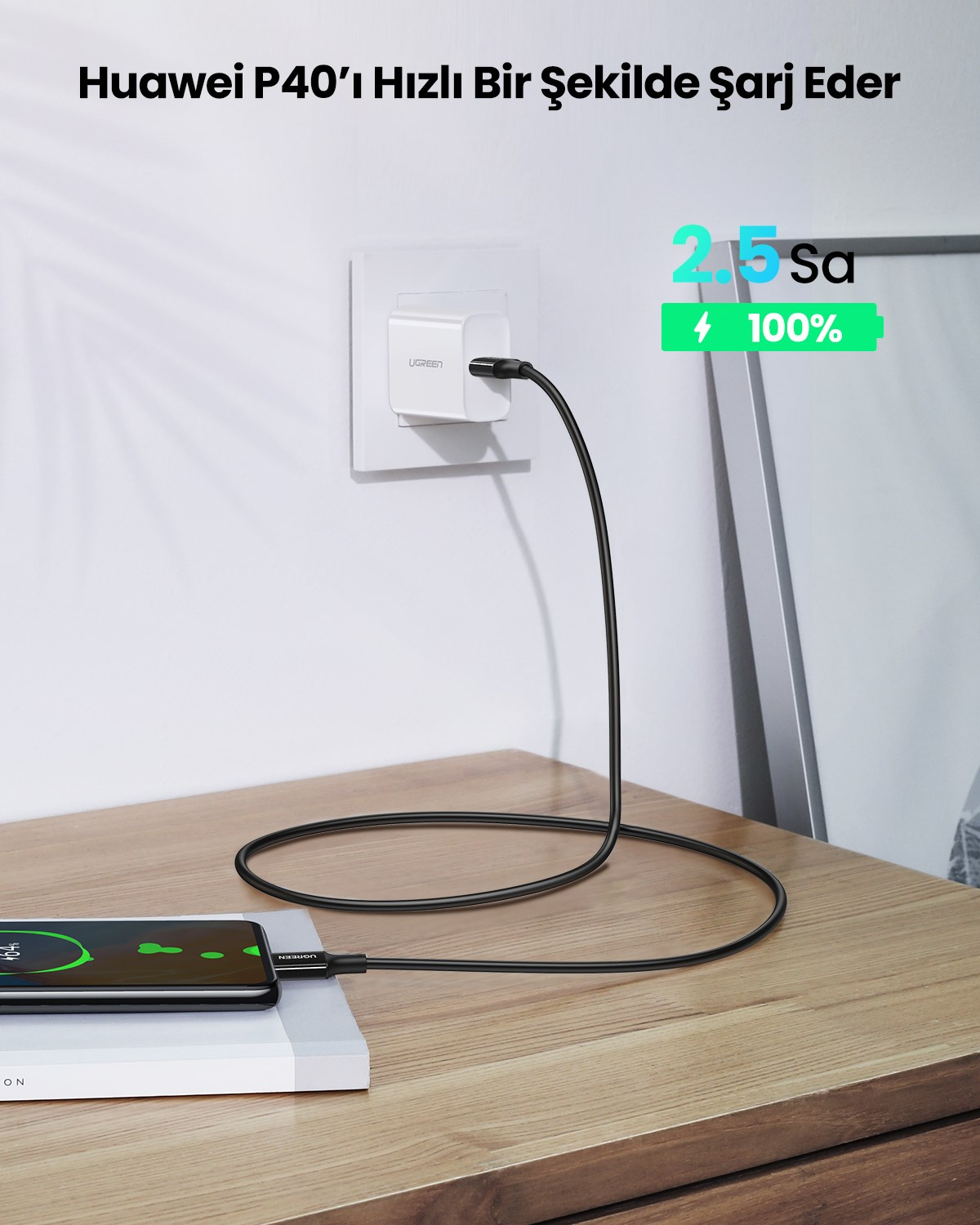 UGREEN USB-C 100W 5A QC PD Hızlı Şarj Kablosu, 2 Metre, Siyah, 80372