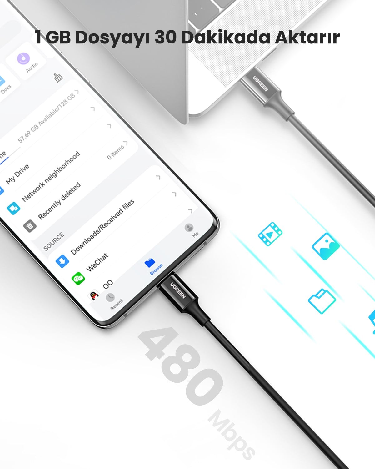 UGREEN USB-C 100W 5A QC PD Hızlı Şarj Kablosu, 2 Metre, Siyah, 80372