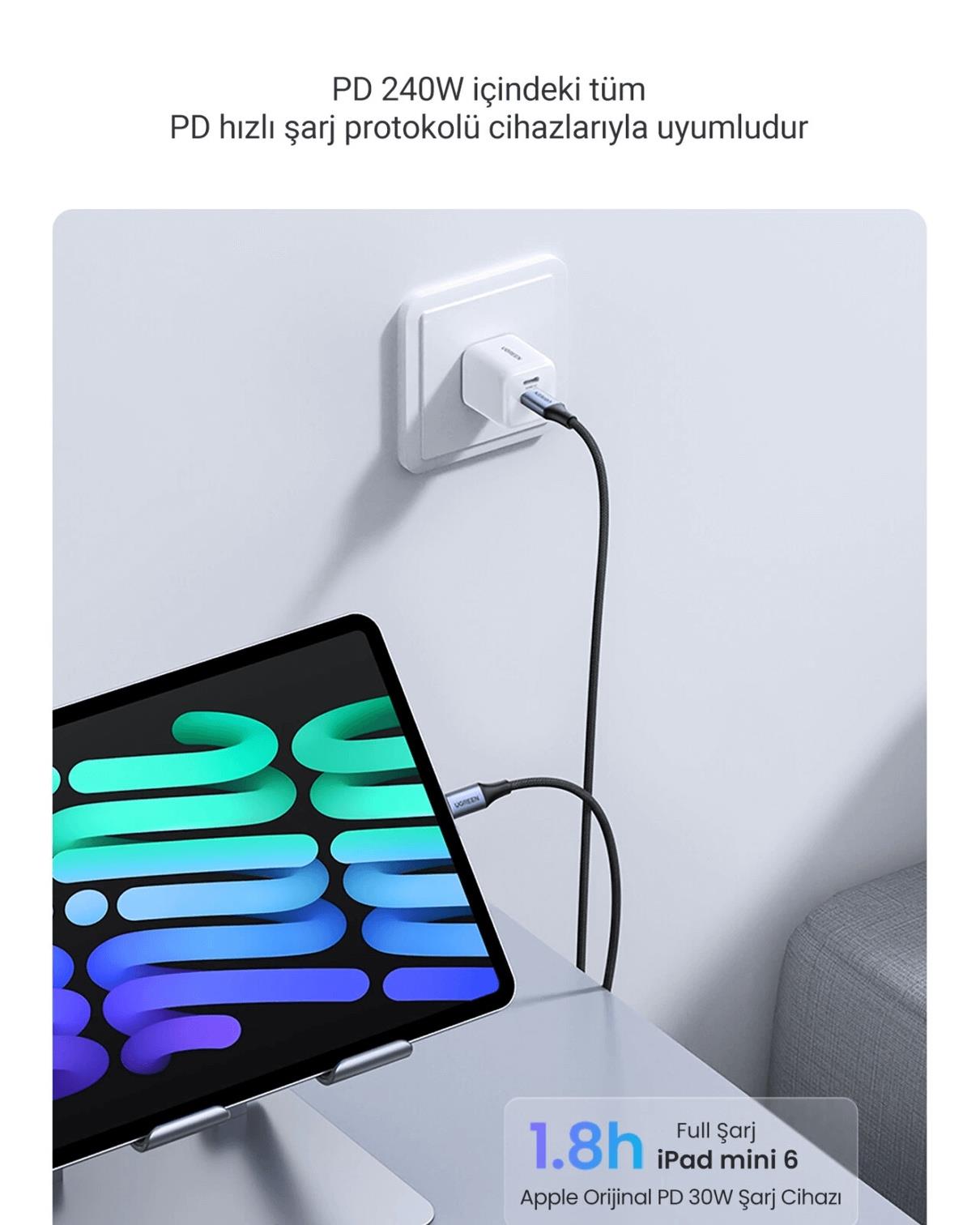UGREEN USB-C 240W Örgülü Hızlı Şarj Kablosu, 1 Metre, Siyah, 15311