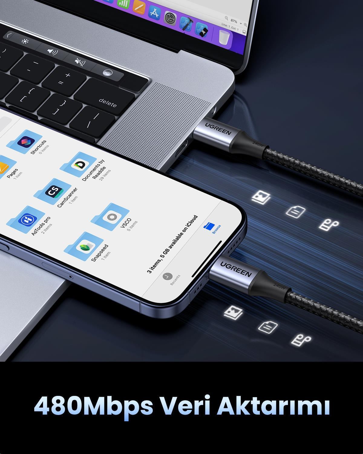 UGREEN USB-C 240W Örgülü Hızlı Şarj Kablosu, 2 Met