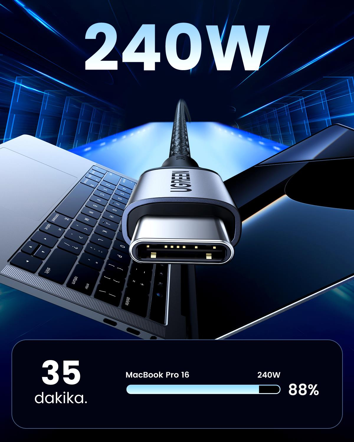 UGREEN USB-C 240W Örgülü Hızlı Şarj Kablosu, 2 Met