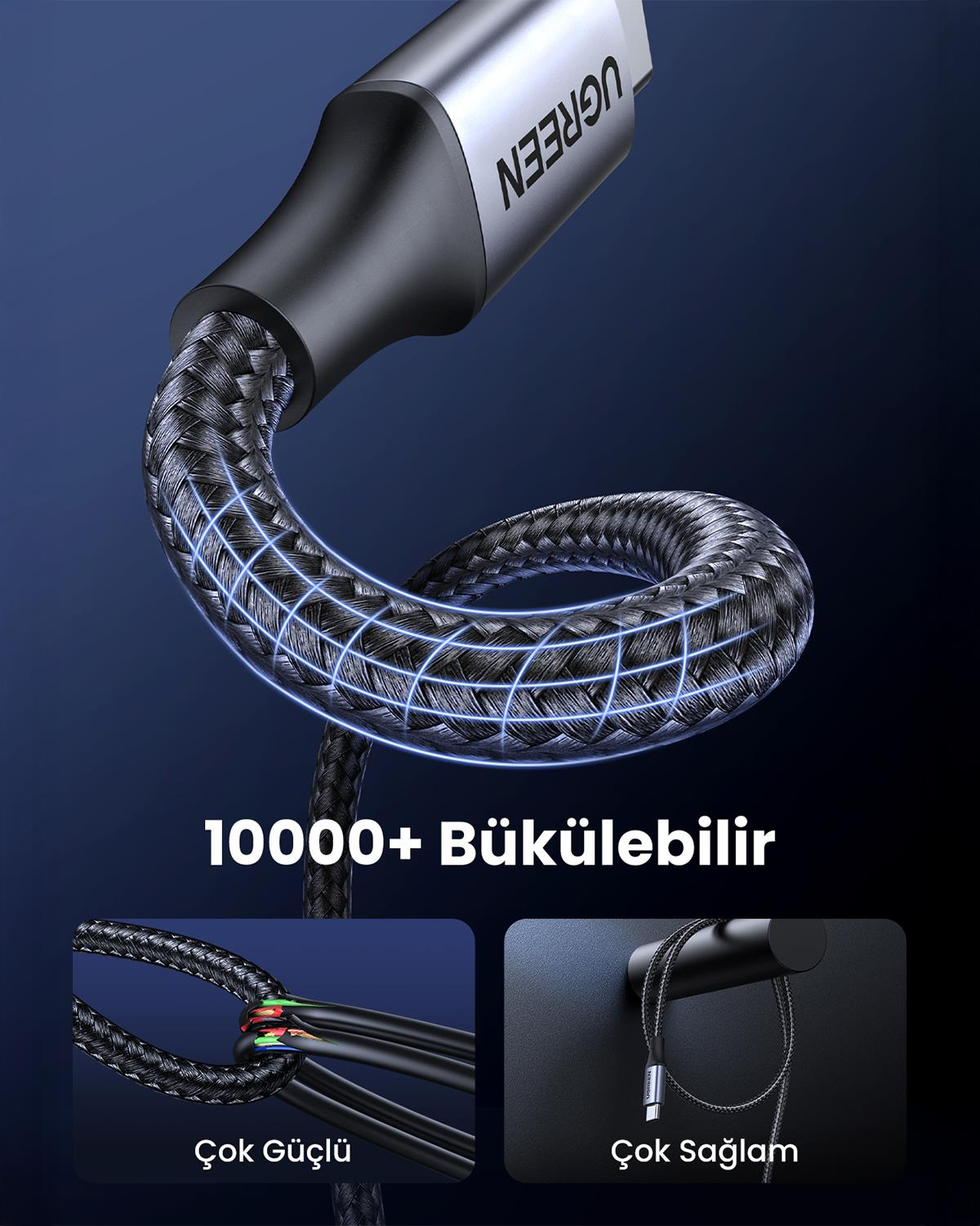 UGREEN USB-C 240W Örgülü Hızlı Şarj Kablosu, 2 Met