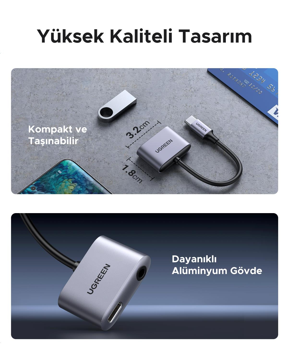 UGREEN USB-C 3.5mm Kulaklık Jakı Ses Adaptörü ve Ş