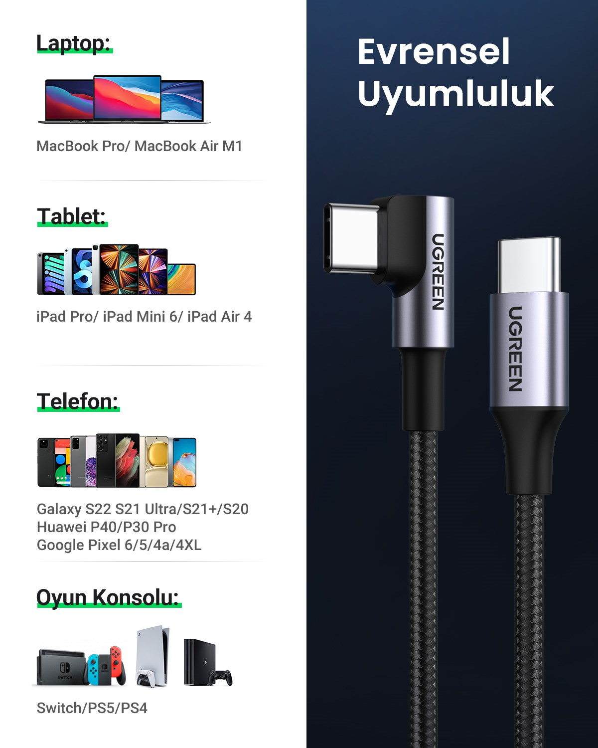 UGREEN USB-C 60W 3A QC PD 90 Derece Örgülü Hızlı Şarj Kalosu, 2 Metre, Siyah, 50125