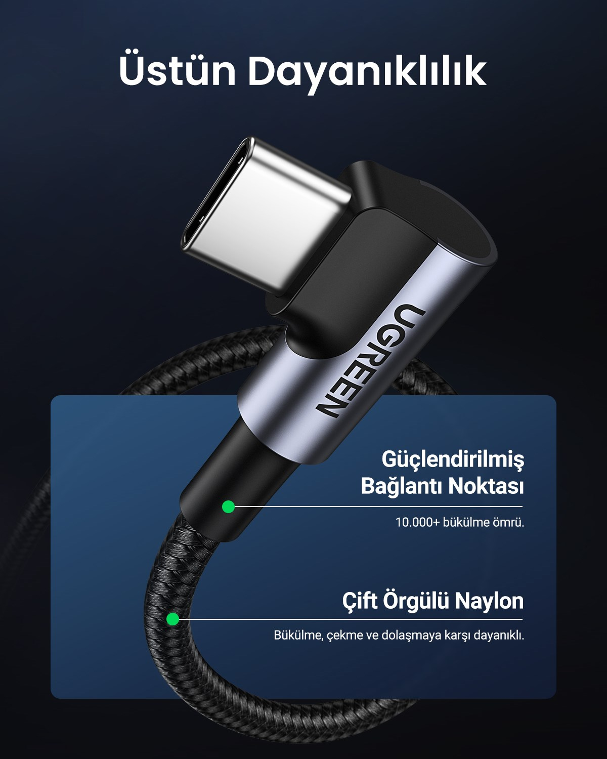 UGREEN USB-C 60W 3A QC PD 90 Derece Örgülü Hızlı Şarj Kalosu, 2 Metre, Siyah, 50125