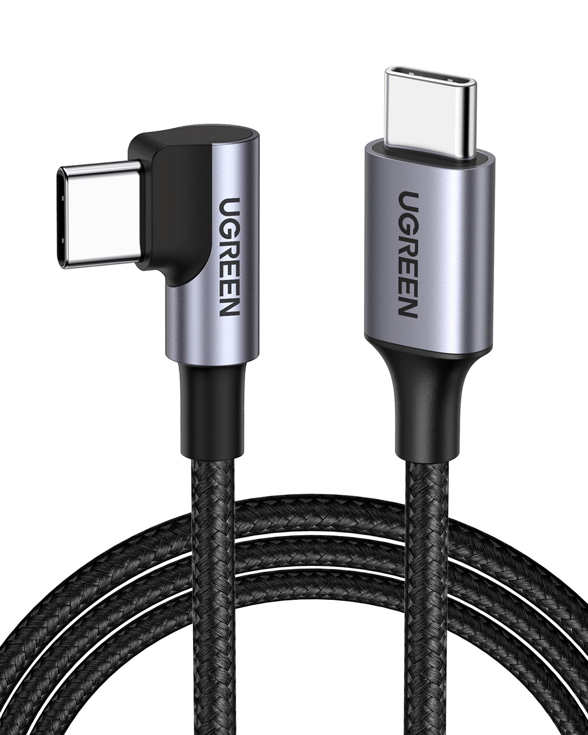 UGREEN USB-C 60W 3A QC PD 90 Derece Örgülü Hızlı Şarj Kalosu, 1 Metre, Siyah, 50123
