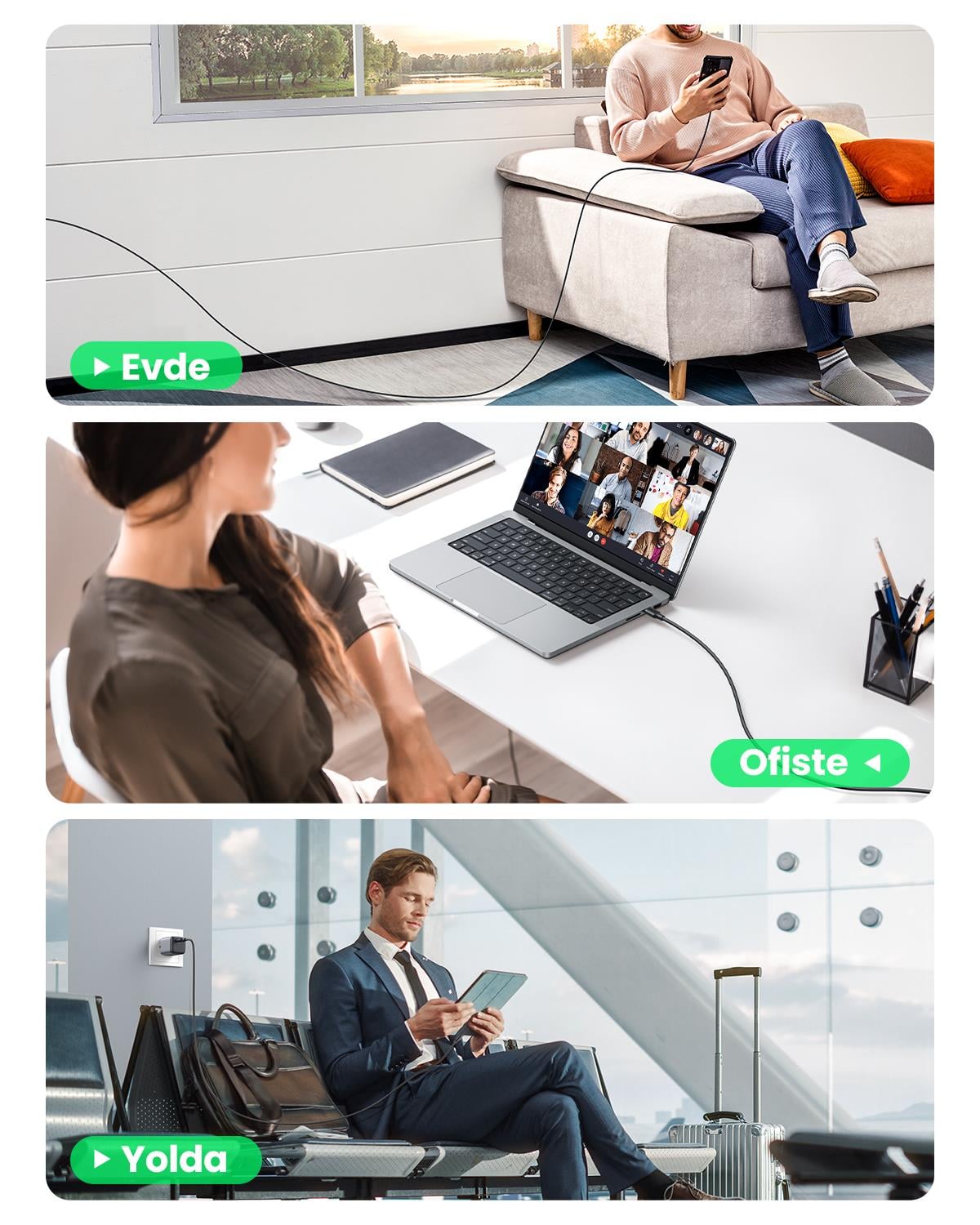 UGREEN USB-C 60W 3A QC PD Hızlı Şarj Kablosu, 2 Metre, Siyah, 10306