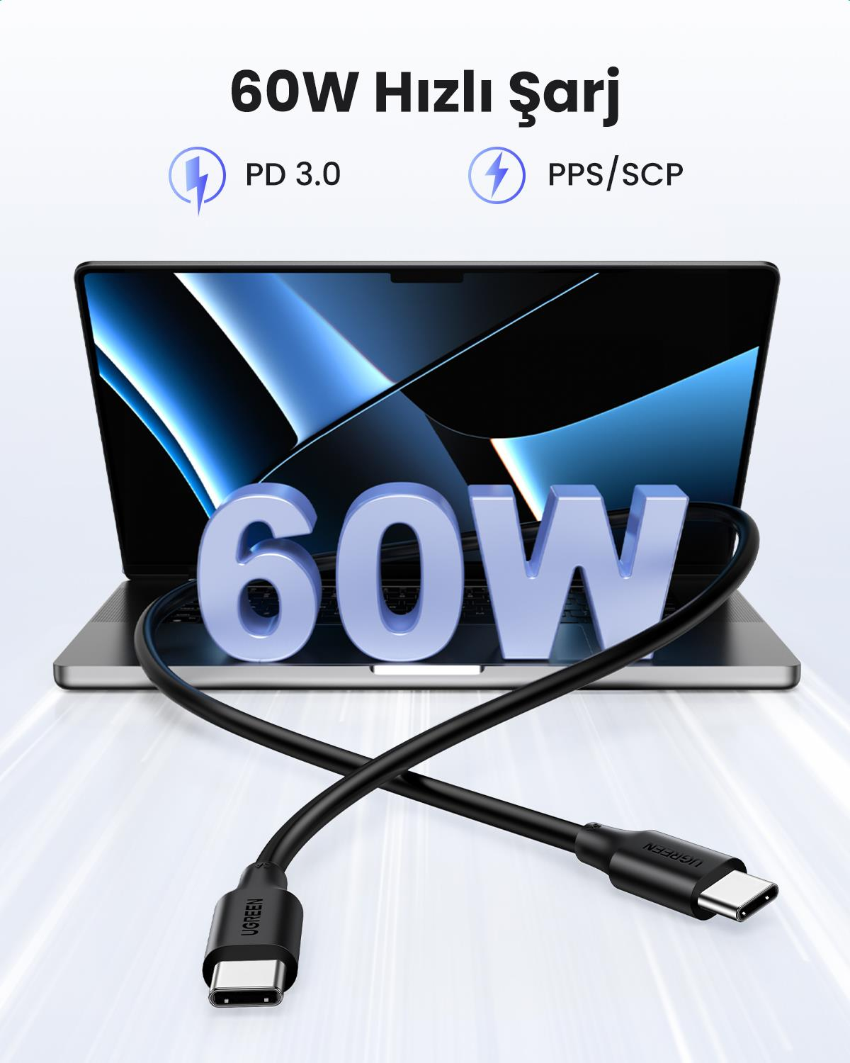 UGREEN USB-C 60W 3A QC PD Hızlı Şarj Kablosu, 1 M