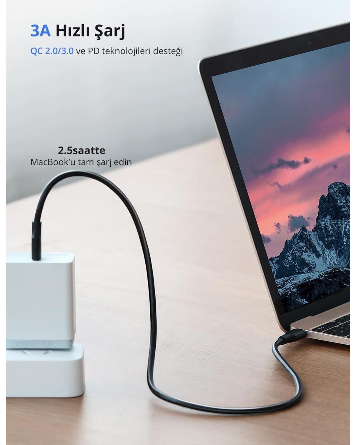 UGREEN USB-C 60W 3A QC PD Hızlı Şarj Kablosu, 2 Metre, Beyaz, 60520