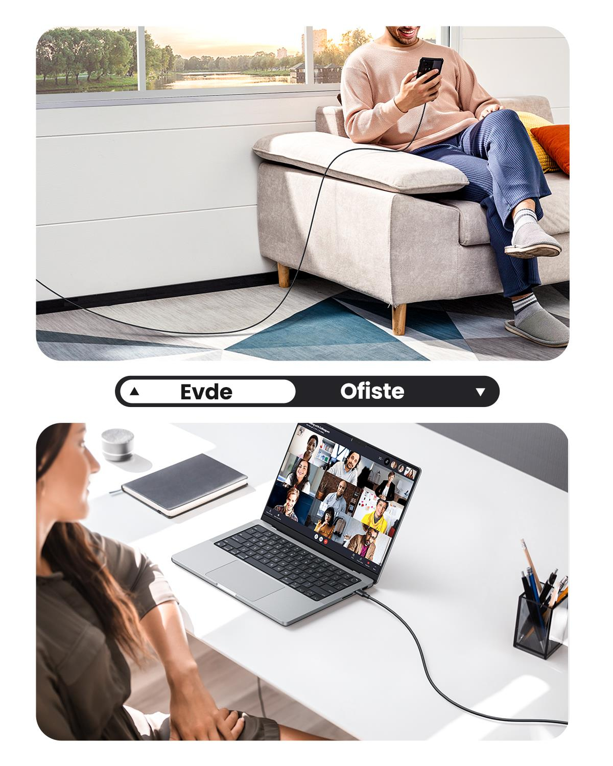 UGREEN USB-C 60W 3A QC PD Hızlı Şarj Kablosu, 2 Metre, Siyah, 10306
