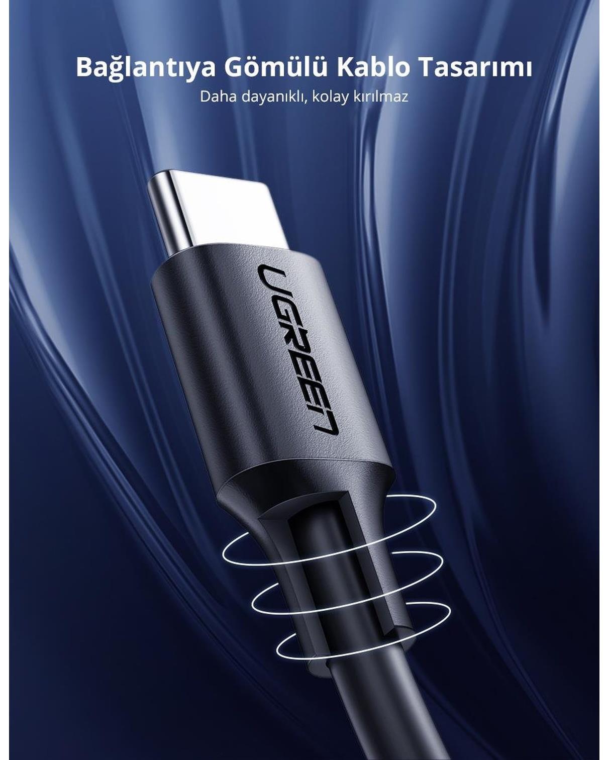 UGREEN USB-C 60W 3A QC PD Hızlı Şarj Kablosu, 2 Metre, Beyaz, 60520