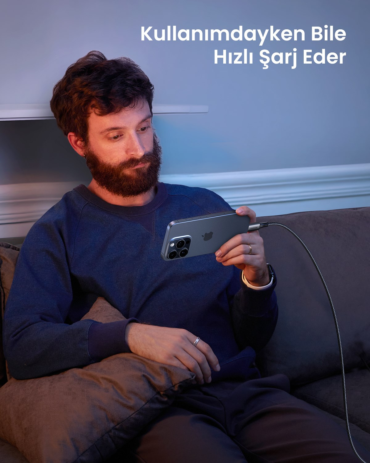 UGREEN USB-C 60W 3A QC PD Örgülü Hızlı Şarj Kablosu, 1 Metre, Siyah, 15373