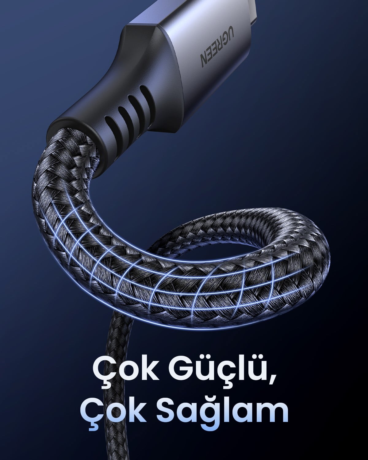 UGREEN USB-C 60W 3A QC PD Örgülü Hızlı Şarj Kablosu, 2 Metre, Siyah, 15374