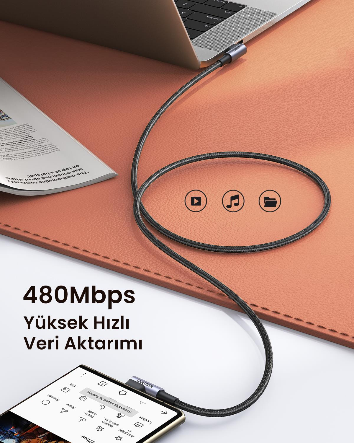 UGREEN USB-C 60W 90 Derece Kablo, 1.5M, Siyah