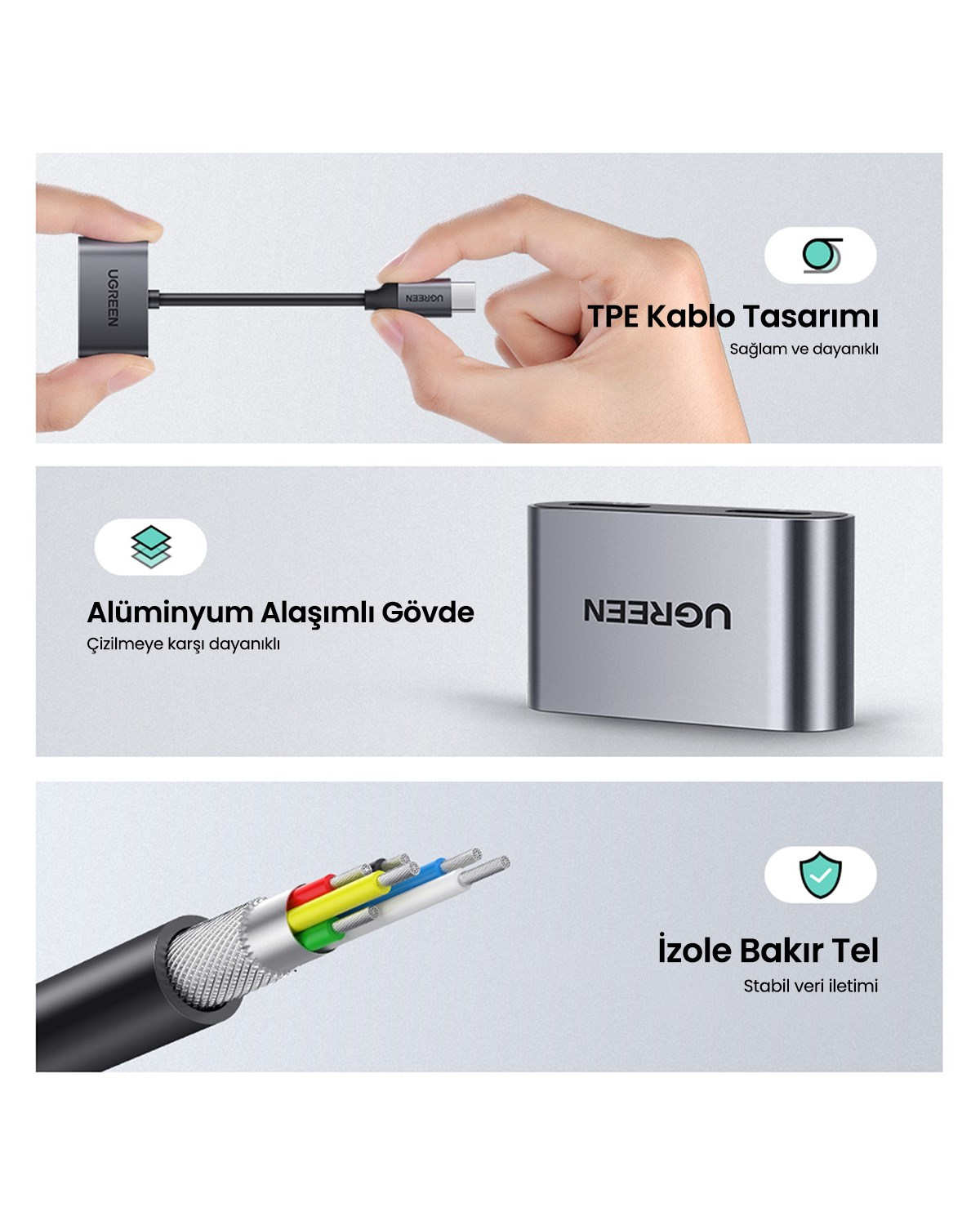 UGREEN USB-C to 2xUSB-C Kulaklık ve Şarj Adaptörü, 60165
