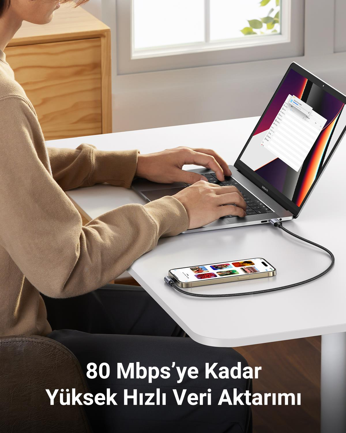 UGREEN USB-C to Lightning 3A QC PD 90 Derece Örgülü Hızlı Şarj Kablosu, 2 Metre, Siyah, 60765