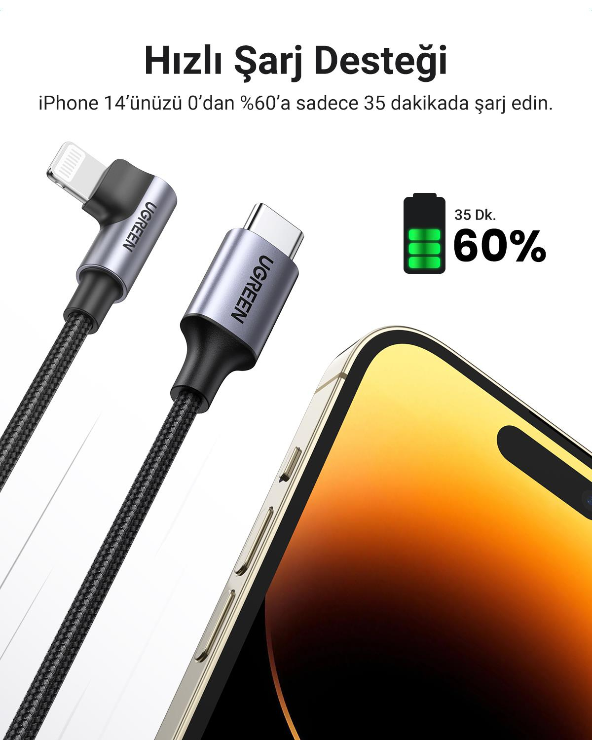 UGREEN USB-C to Lightning 3A QC PD 90 Derece Örgülü Hızlı Şarj Kablosu, 2 Metre, Siyah, 60765