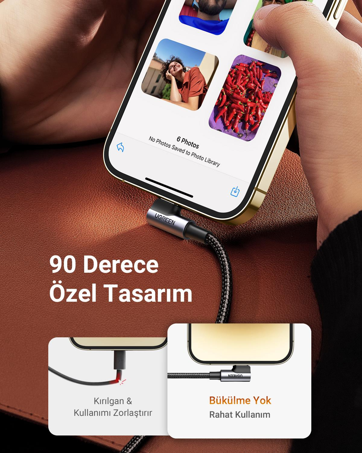 UGREEN USB-C to Lightning 3A QC PD 90 Derece Örgülü Hızlı Şarj Kablosu, 2 Metre, Siyah, 60765