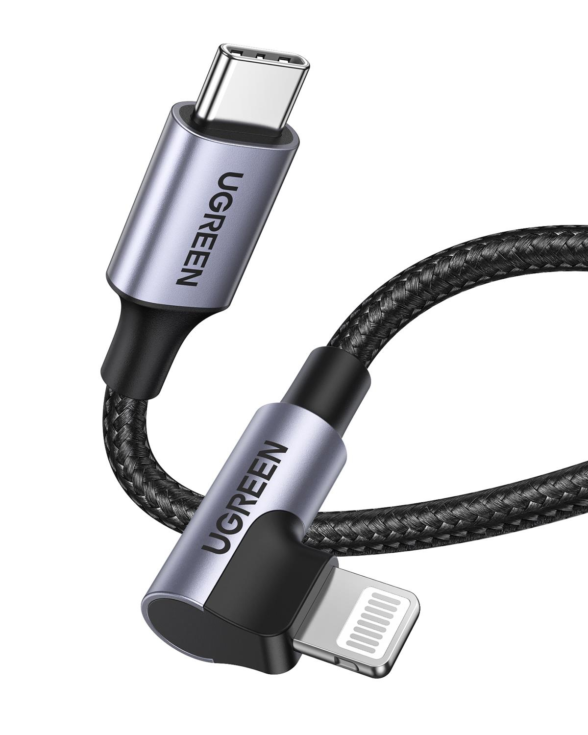 UGREEN USB-C to Lightning 3A QC PD 90 Derece Örgülü Hızlı Şarj Kablosu, 2 Metre, Siyah, 60765