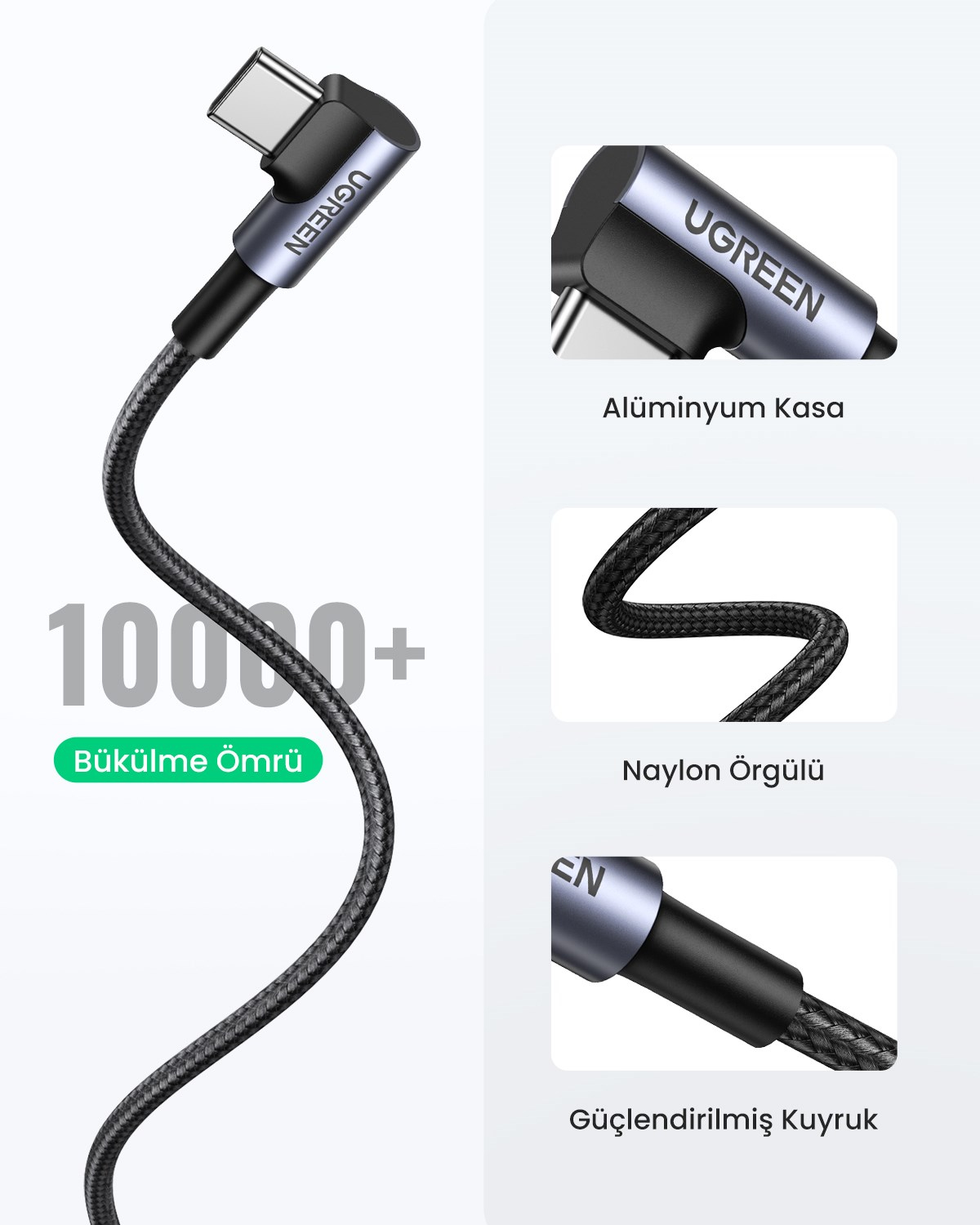 UGREEN USB-C to USB-A 3A QC 90 Derece Hızlı Şarj Kablosu, 1 Metre, Uzay Grisi, 50941