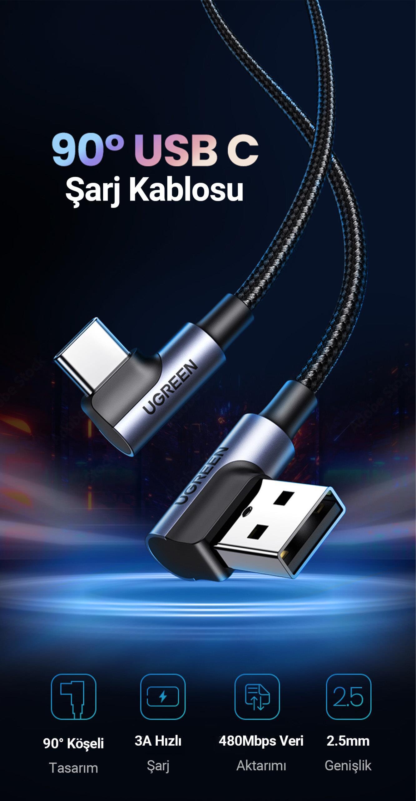 UGREEN USB-C to USB-A 3A QC 90 Derece Hızlı Şarj Kablosu, 3 Metre, Uzay Grisi, 70875