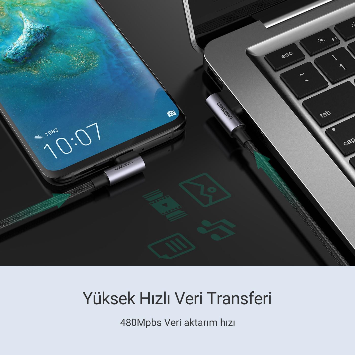 UGREEN USB-C to USB-A 3A QC 90 Derece Hızlı Şarj Kablosu, 3 Metre, Uzay Grisi, 70875