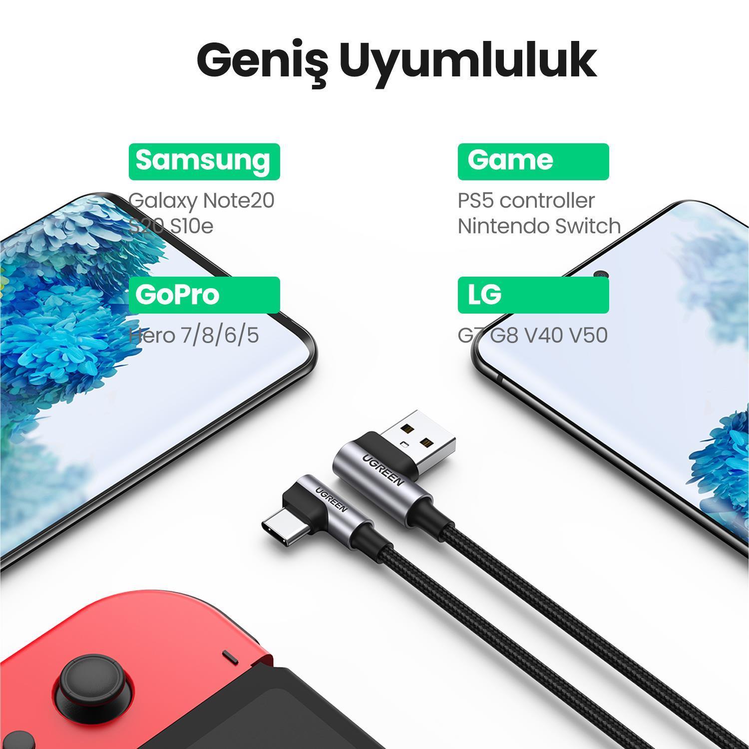 UGREEN USB-C to USB-A 3A QC 90 Derece Hızlı Şarj Kablosu, 3 Metre, Uzay Grisi, 70875