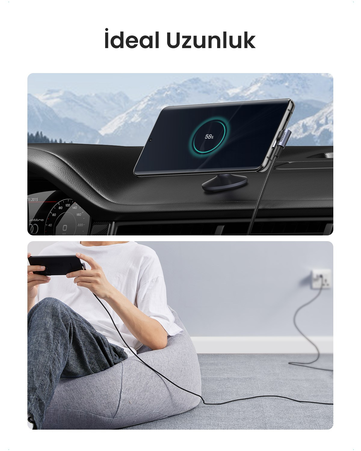 UGREEN USB-C to USB-A 3A QC 90 Derece Hızlı Şarj Kablosu, 2 Metre, Uzay Grisi, 50942