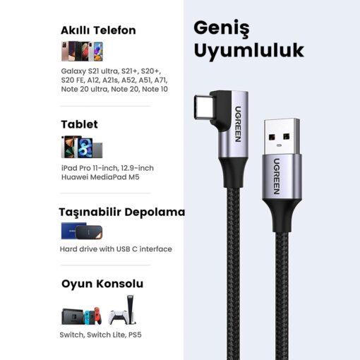 UGREEN USB-C to USB-A 3A QC 90 Derece USB 3.0 Hızl