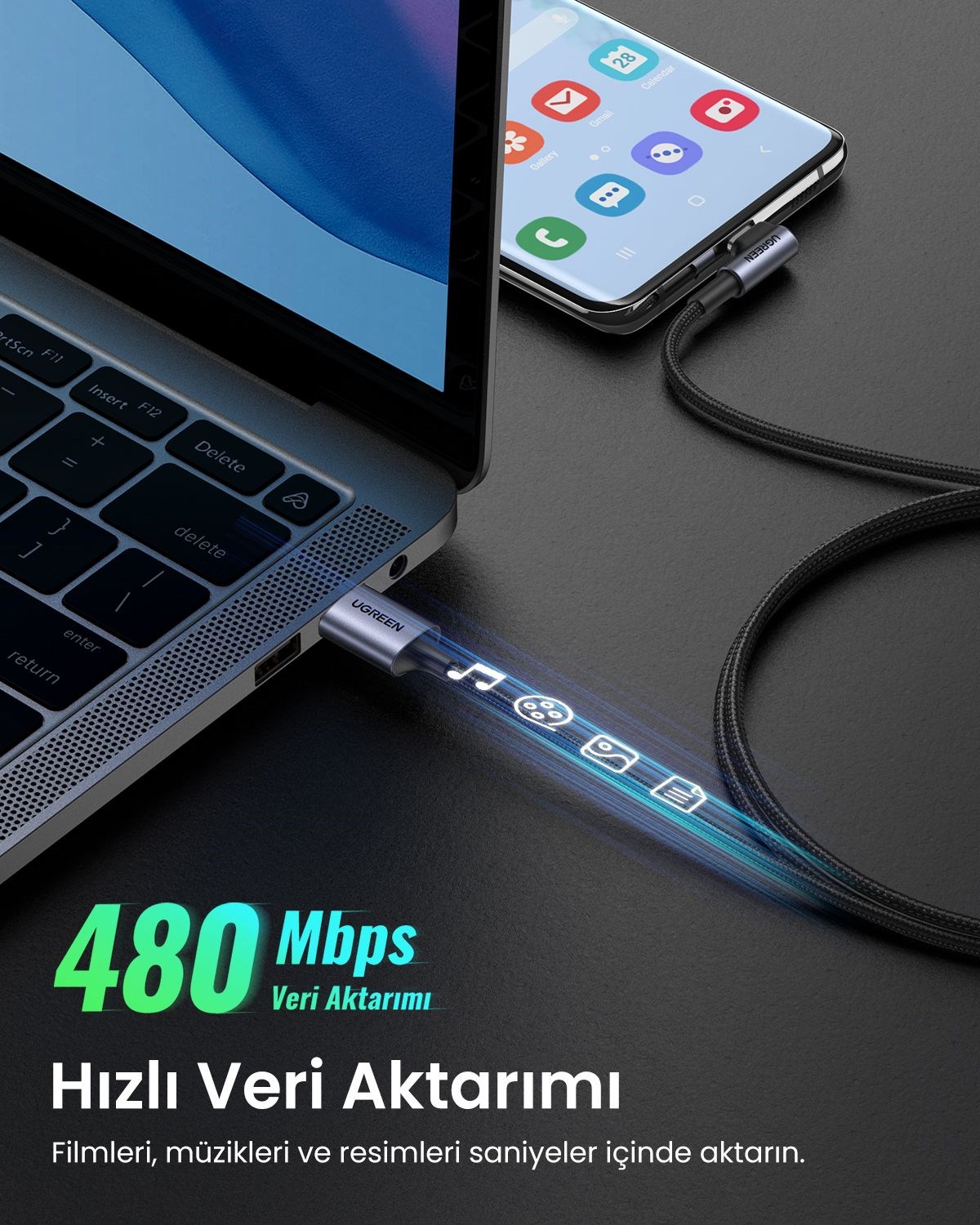 UGREEN USB-C to USB-A 3A QC 90 Derece Hızlı Şarj Kablosu, 1 Metre, Uzay Grisi, 50941
