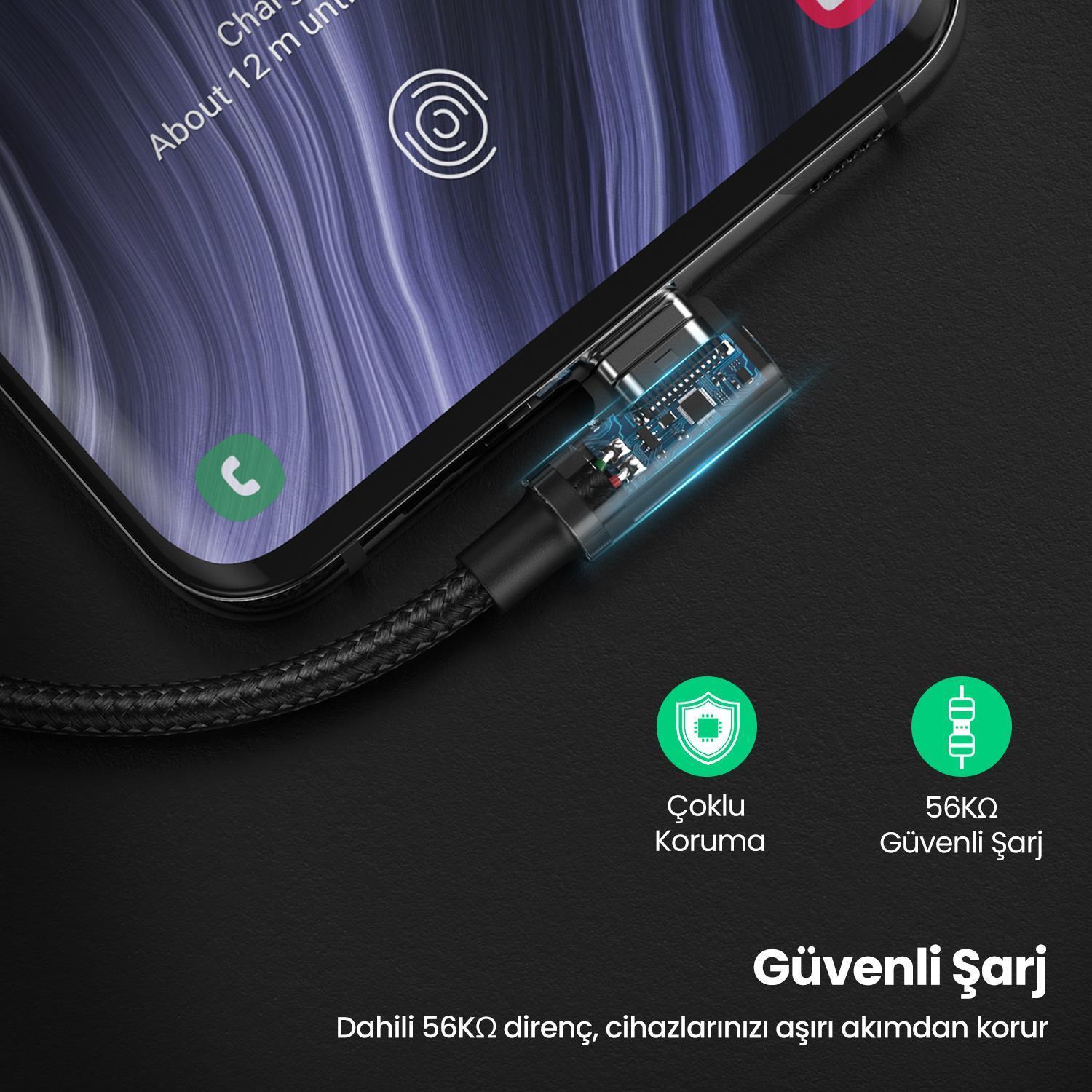 UGREEN USB-C to USB-A 3A QC 90 Derece Hızlı Şarj Kablosu, 3 Metre, Uzay Grisi, 70875