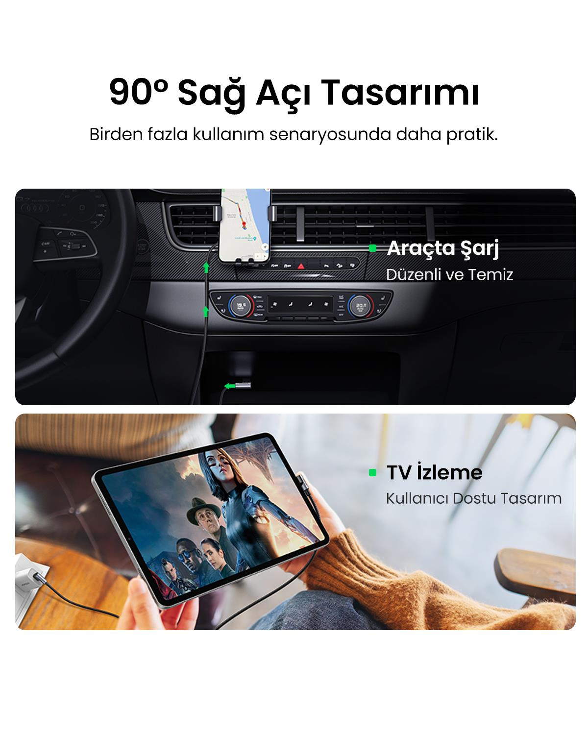 UGREEN USB-C to USB-A 3A QC 90 Derece Hızlı Şarj K