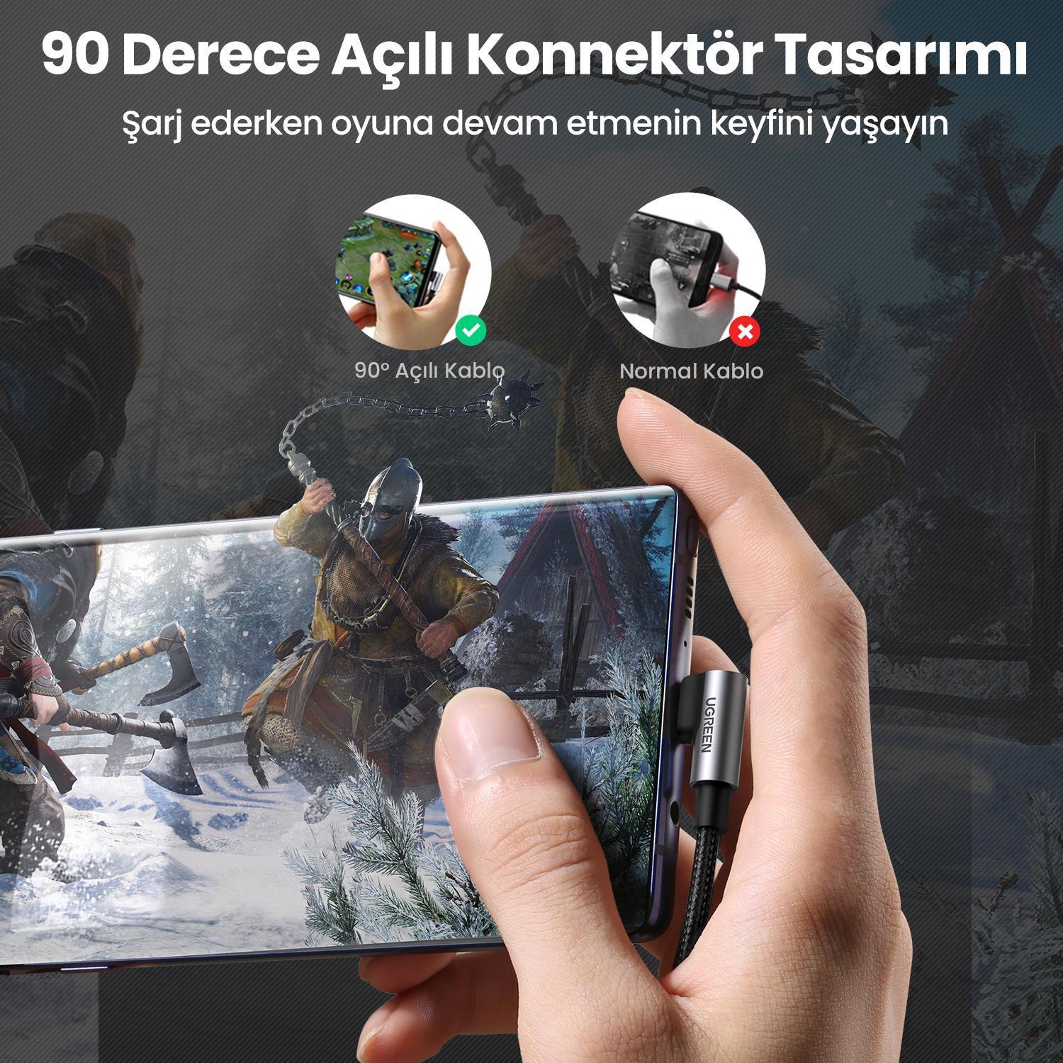 UGREEN USB-C to USB-A 3A QC 90 Derece Hızlı Şarj Kablosu, 3 Metre, Uzay Grisi, 70875