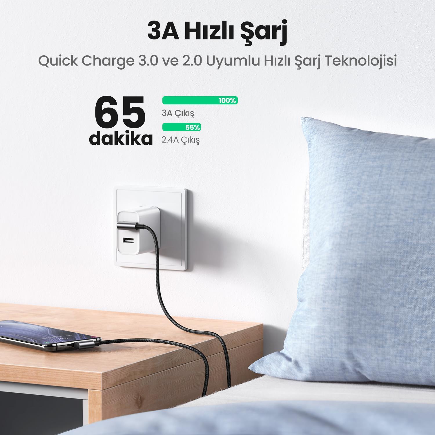 UGREEN USB-C to USB-A 3A QC 90 Derece Hızlı Şarj Kablosu, 3 Metre, Uzay Grisi, 70875