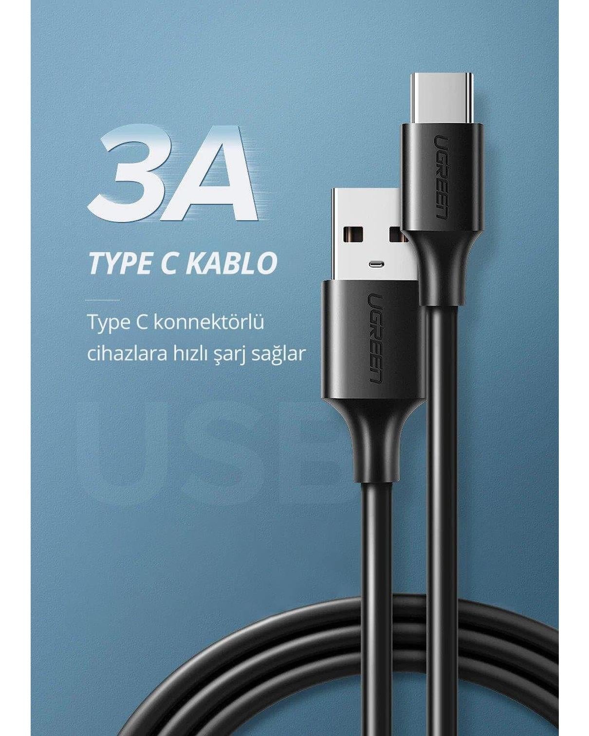 UGREEN USB-C to USB-A 3A QC Hızlı Şarj Kablosu, 2 Metre, Beyaz, 60123