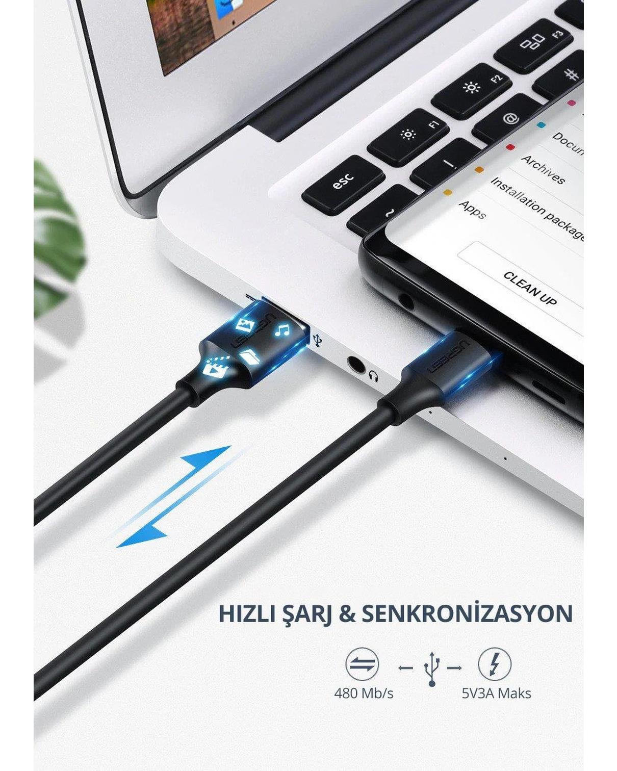 UGREEN USB-C to USB-A 3A QC Hızlı Şarj Kablosu, 2 Metre, Beyaz, 60123