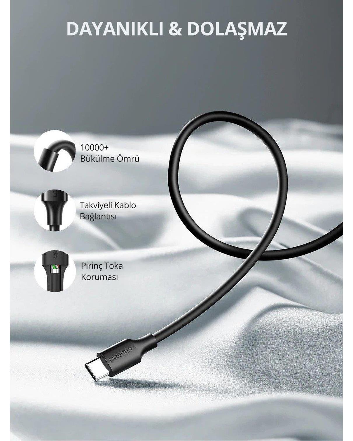 UGREEN USB-C to USB-A 3A QC Hızlı Şarj Kablosu, 2 Metre, Beyaz, 60123