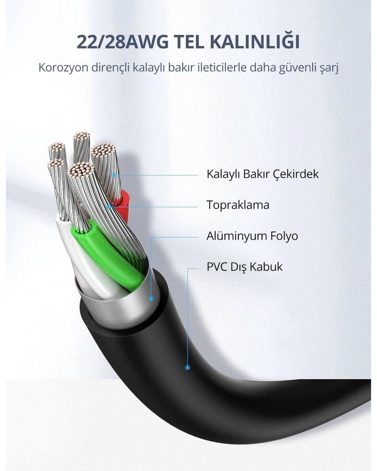 UGREEN USB-C to USB-A 3A QC Hızlı Şarj Kablosu, 2 Metre, Beyaz, 60123