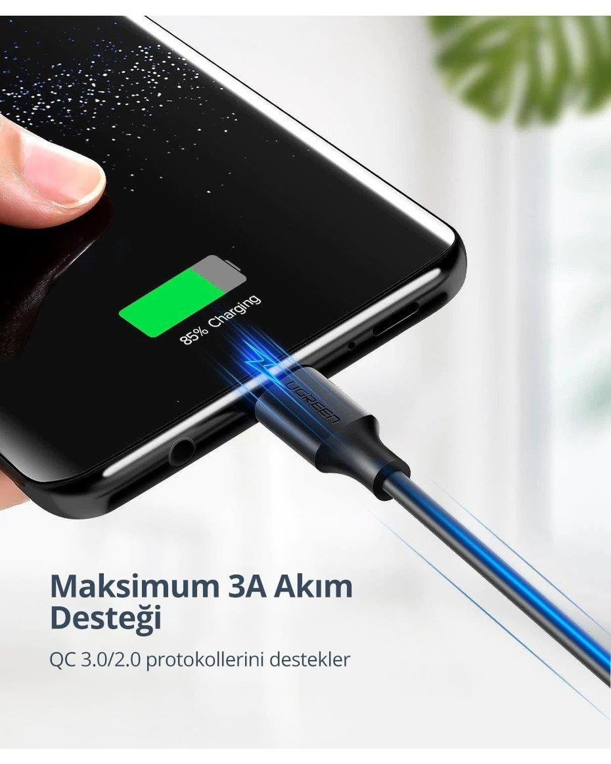 UGREEN USB-C to USB-A 3A QC Hızlı Şarj Kablosu, 2 Metre, Beyaz, 60123