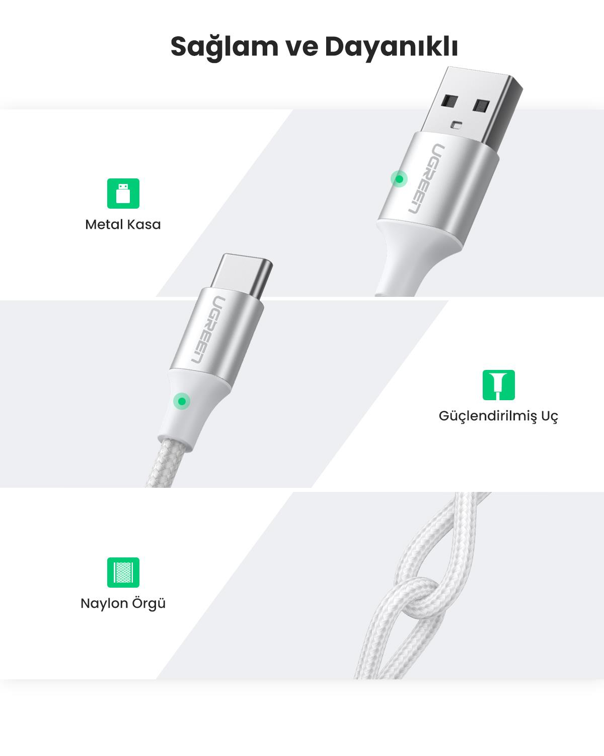 UGREEN USB-C to USB-A 3A QC Örgülü Hızlı Şarj Kabl