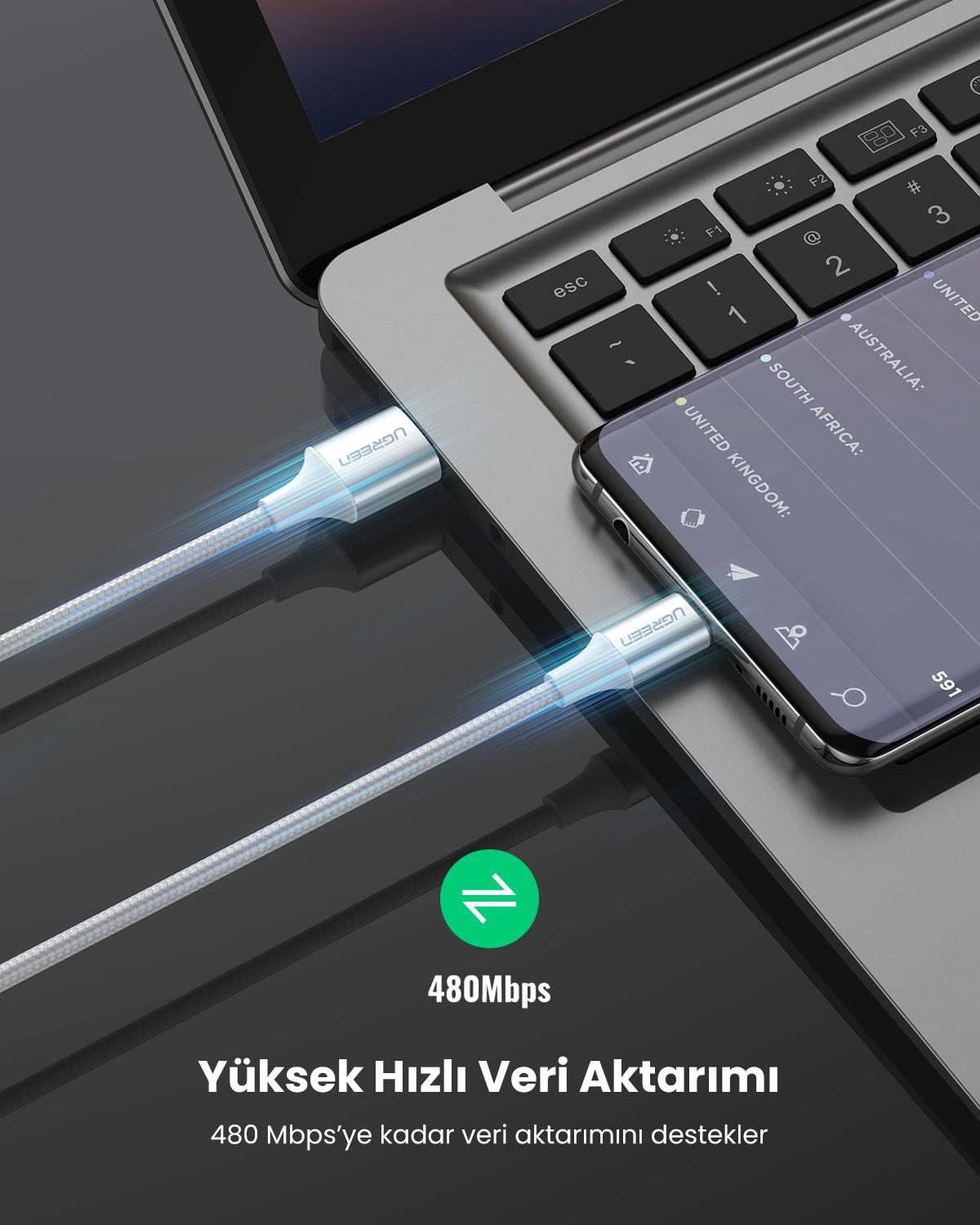 UGREEN USB-C to USB-A 3A QC Şarj Kablosu, 3M, B