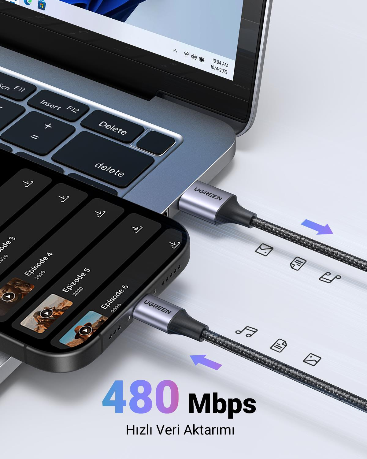 UGREEN USB-C to USB-A 3A QC Şarj Kablosu, 3M, S